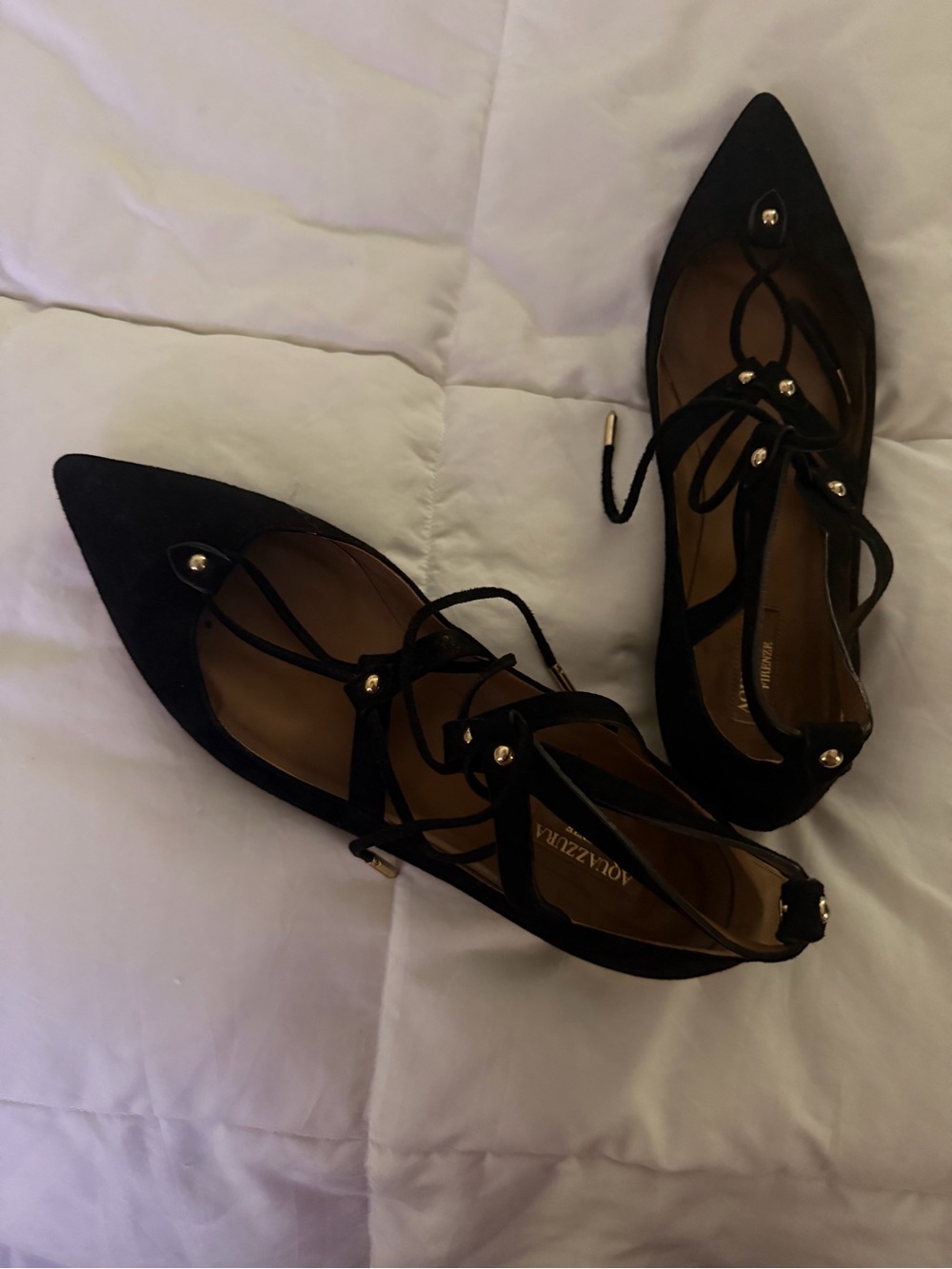 Aquazzura Black Pointed Lace-Up Flats with Gold Studs
